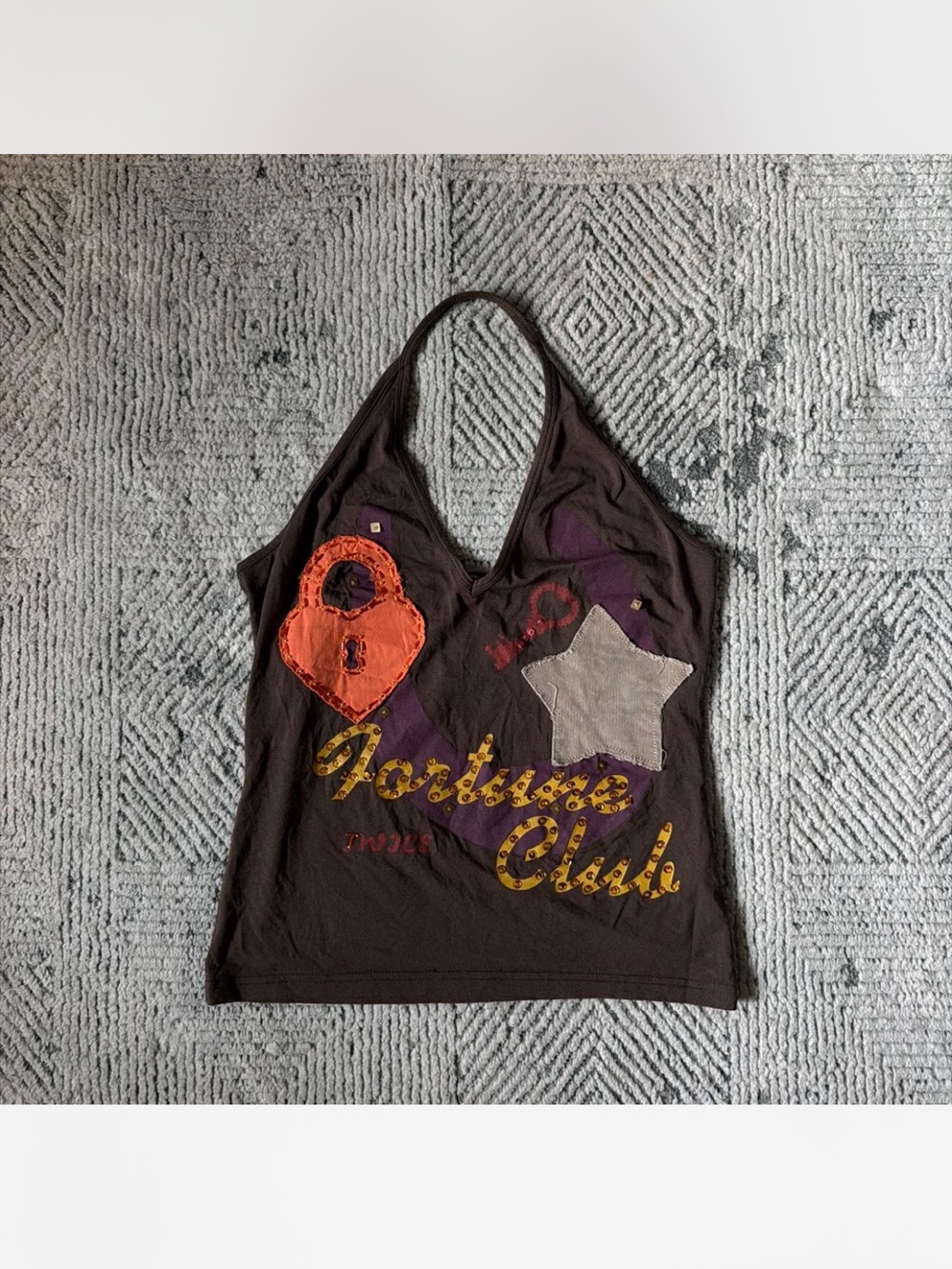 Euro Y2K brown patchwork halter top (brand is Twice)